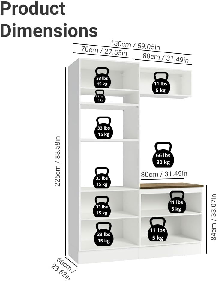 Madesa Hazel 3-Piece Kitchen Storage Set with 3 Doors 3 Open Shelves Pantry Cabinet 2 Doors Base Cabinet and Horizontal Door Wall Cupboard 59 Inch Wooden Organization Units for Pantry - White