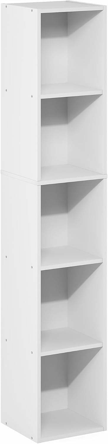 Furinno Fulda Book Shelf, 5-Tier Tall Narrow Bookshelf, Standing Bookcase with 10-in Width Storage Shelf, 9.3 x 9.8 x 51.9, for Organization Storage, for Living Room, Bedroom, Home Office, White