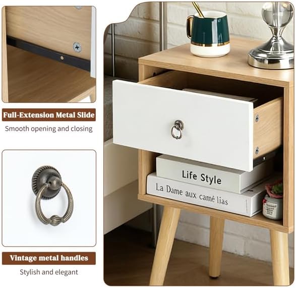 Mid-Century Modern Nightstand with Drawer and Open Shelf, Bedside Table with Solid Wood Legs and Adjustable Feet, Linen-Textured Side Table for Bedroom and Living Room, Oak & White (1 Pack)
