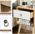 Mid-Century Modern Nightstand with Drawer and Open Shelf, Bedside Table with Solid Wood Legs and Adjustable Feet, Linen-Textured Side Table for Bedroom and Living Room, Oak & White (1 Pack)