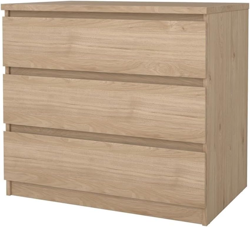 Pemberly Row Contemporary 3-Drawer Chest, Engineered Wood, Jackson Hickory Finish, Compact Design, Handle-Free Drawers, Smooth Metal Glides, Dorm or Small Living Space Storage Solution