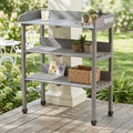 Multi-Functional Patio Storage Cabinet, 3-Tier Outdoor Potting Bench with Adjustable Support Feet & Tool Hooks,for Indoor Outdoor Multipurpose Use,Grey