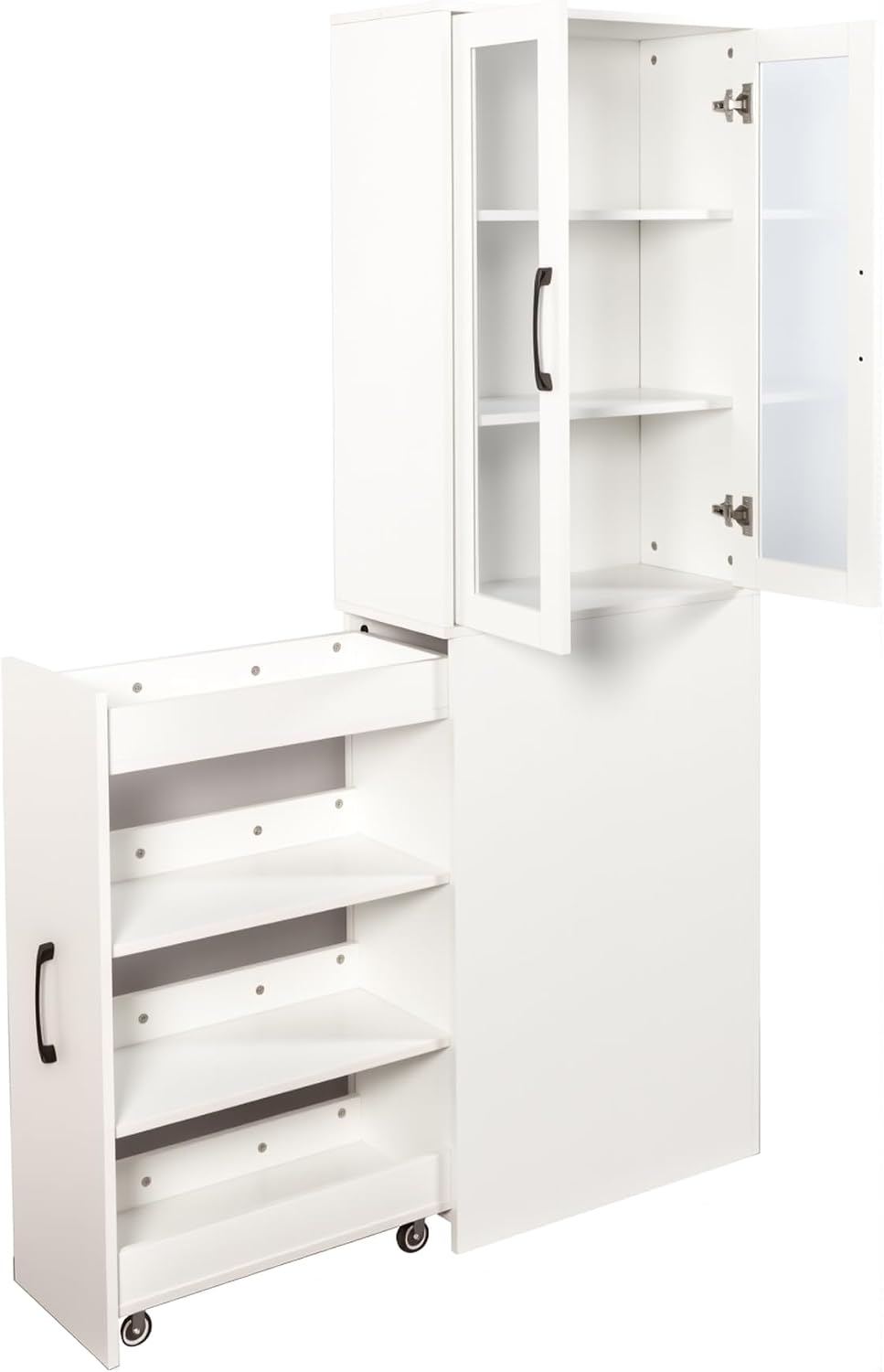 70.87" H Slim Display Storage Cabinet with 4 Tier Multi-Functional Pull-Out Shelves, Narrow Bookcase with 2 Glass Doors, Space Saving Storage Organizer for Kitchen Living Room Bathroom, White