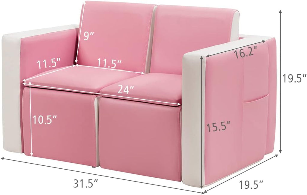 Costzon Kids Couch, 2 in 1 Double Seat Children's Sofa Convert to Table and Two Chairs for School, Storage Space, PVC Surface, Large Soft Kids Preschool Sofa Couch for Boys Girls Gifts (Pink)