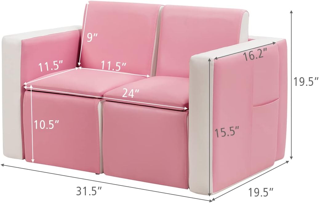 Costzon Kids Couch, 2 in 1 Double Seat Children's Sofa Convert to Table and Two Chairs for School, Storage Space, PVC Surface, Large Soft Kids Preschool Sofa Couch for Boys Girls Gifts (Pink)