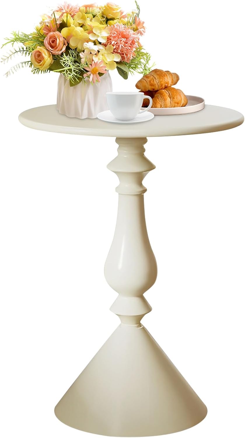 Round Side Table, Vintage Metal Drink Small Side Table, Weighted Base Sofa Side Tables for Living Room Bedroom Corner Small Space (Beige)