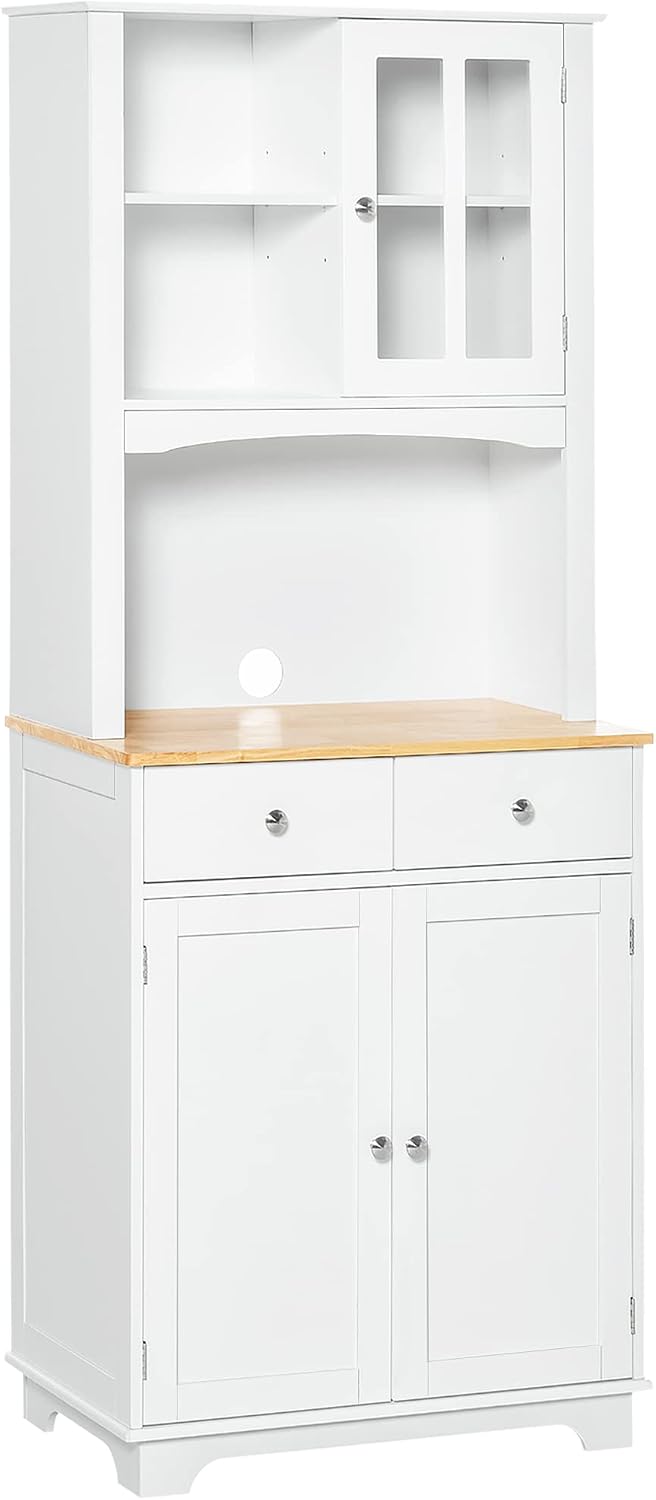 Freestanding 67" Kitchen Buffet with Hutch, Pantry Cabinet with Microwave Stand, Adjustable Shelf, 2 Drawers, Cupboard, White,15.5 * 26.8 * 67