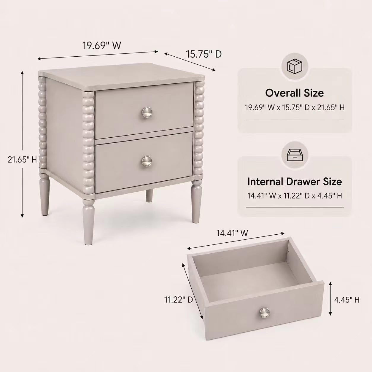2-Drawer Nightstand, Modern Bedside Table with Silver Handles, 19.69" W × 15.75" D × 21.65" H, Kashmir MDF Cabinet with Wood Legs, End Table for Bedroom Living Room