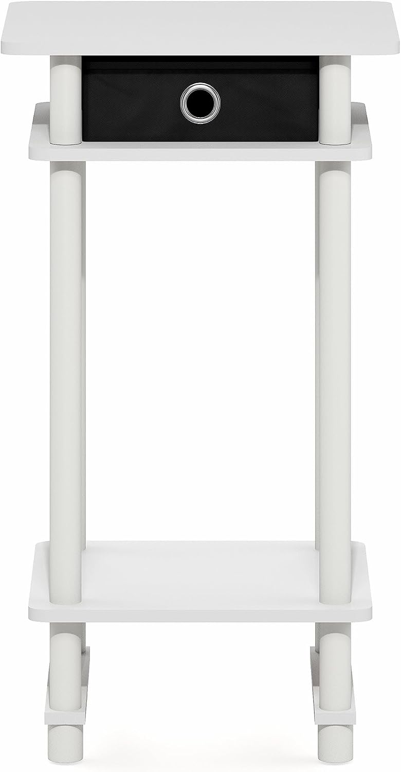 Furinno Turn-N-Tube Side Table, 3-Tier Tall Narrow Modern End Table with Storage Bin, Open Shelf Night Stand, Bedside Table, Toolless Assembly, for Living Room, Bedroom, White