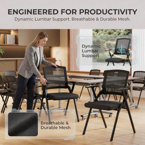 Heavy Duty Folding Office Chair with Breathable Mesh Back - Comfortable Padded Seat & Sturdy Frame for Conference Room, Training,Meeting,Classroom - Stackable Black Guest Reception Chair with Armrests