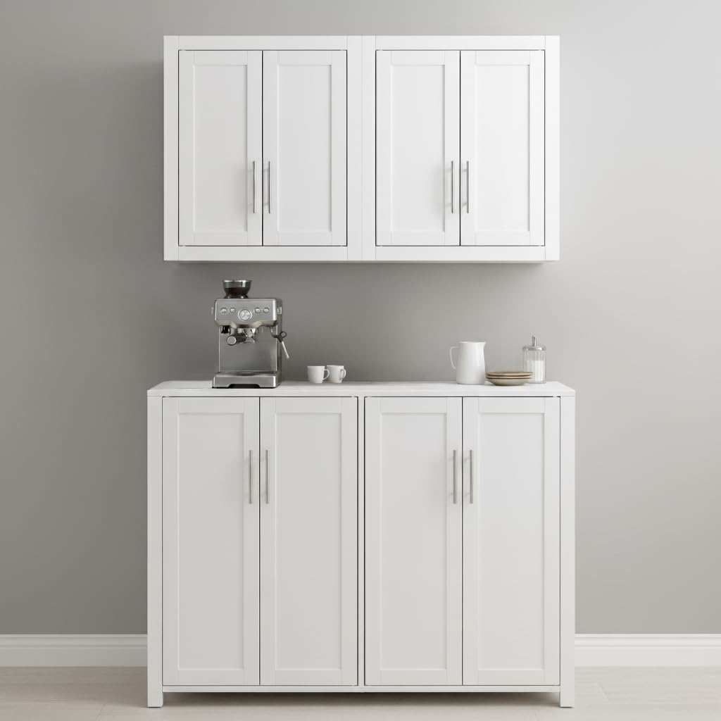 Crosley Furniture Savannah 3-Piece Traditional Kitchen Storage Pantry Set, Storage Cabinet and Wall Cabinets, White