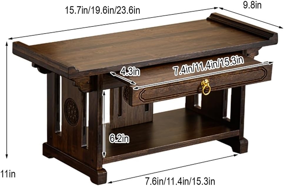 2-Tier Meditation Table, Personal Shrine Altar Cabinet with Retractable Pull Plate, Bamboo Prayer Table for Living Room, Bedroom, Office(19.6 * 9.8 * 11in)