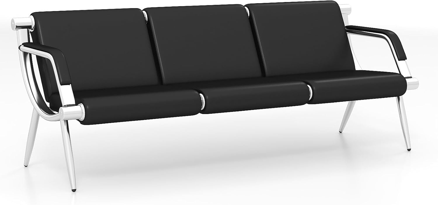 kinbor Waiting Room Chairs - 3 Seat Reception Bench Office Chair with Armrest, PU Leather Office Guest Seating Furniture for Salon Airport Hospital Bank, Black