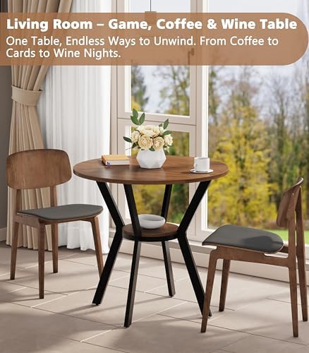 MECHYIN 31.5" Round Dining Table for 2-4, Farmhouse Small Kitchen Table with Storage, Space Saving Circle Table, Rustic Wood Dining Room Tables with Metal Legs for Kitchen, Dining Room, Apartment
