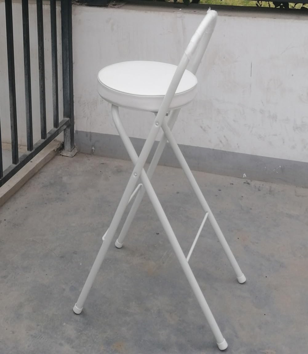 White Portable Folding Chair with Padded Round Seat and Footrest 70cm Counter Height Kitchen Stool(65cm/26in)