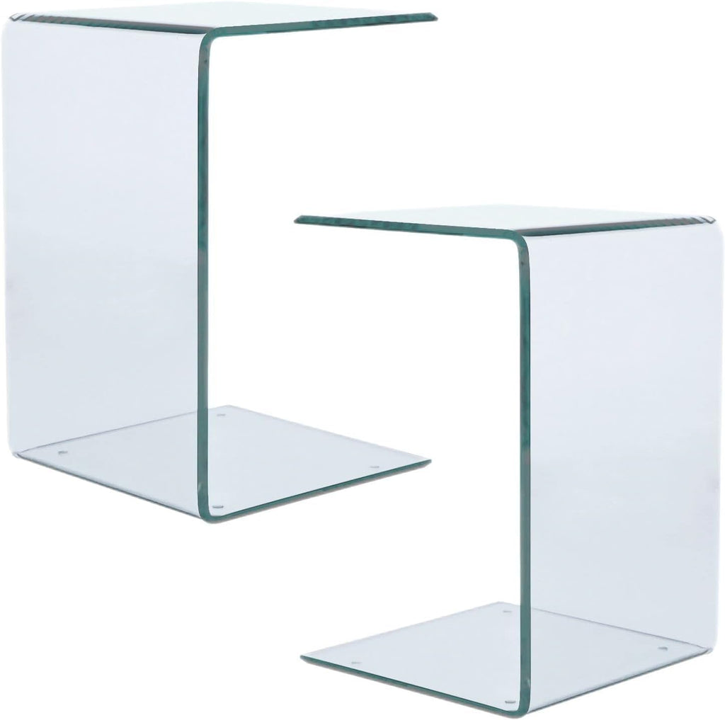 15.36" 2-Piece Glass End Table, C Shaped Side Table Set of 2 Clear Tempered Glass Snack Table Modern Nightstand Bedside Table for Living Room, Bedroom, Office, Bathroom