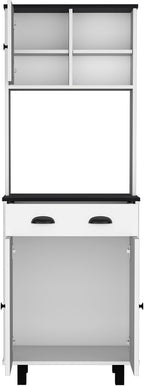 67" H Kitchen Pantry with Two Cabinets, Two Open Shelves, and One Drawer,White