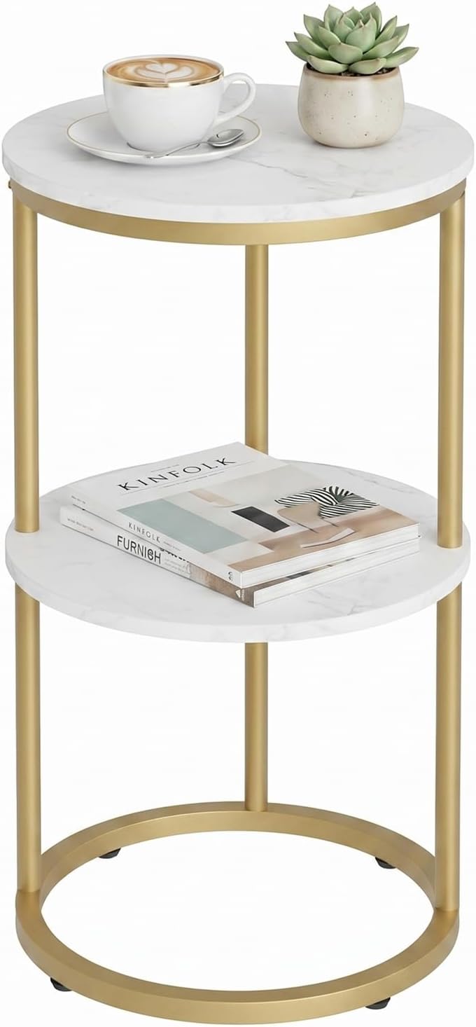 C Shaped end Table,2 Tier Wood Round Side Table for Couch,Small Sofa Table with Metal Frame for Bedroom,Living Room,Bedside,Gold(11.8" D x 11.8" W x 22.9" H)