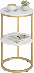 C Shaped end Table,2 Tier Wood Round Side Table for Couch,Small Sofa Table with Metal Frame for Bedroom,Living Room,Bedside,Gold(11.8" D x 11.8" W x 22.9" H)