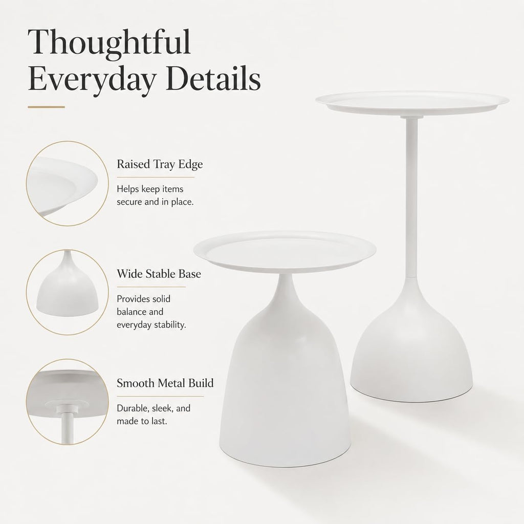 Side Tables Set of 2, 15.7'' Metal Round End Tables with Round Base, Small Accent Tables for Living Room Bedroom Sofa, Minimalist Side Table Set with Tall and Short (White)