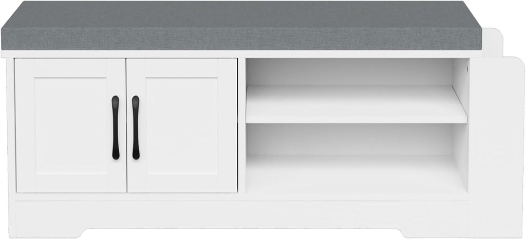 GRUSIGN Shoe Storage Bench, 2-Tier with Adjustable Shelves, Removable Cushion, 39.6'' Wide Shoe Rack Bench for Entryway Bedroom Living Room, White