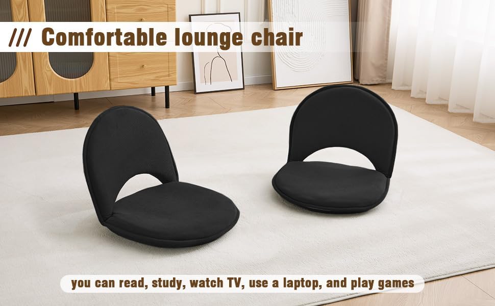 YOUKEEEJOJO Floor Chair 5-Position Adjustable Back Support Chair Foldable Camping,Video-Gaming Reading Watching, Upholstered Meditation Convenient Seat(2,Black)