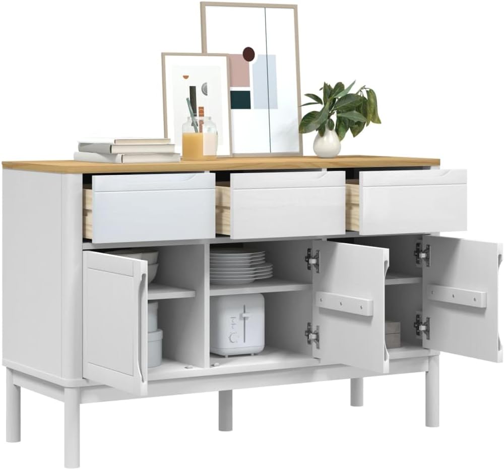 White Solid Pine Wood Sideboard with Drawers and Doors, Modern Engineered Wood Medium Storage Cabinet for Dining Room Living Room Hallway, Spacious Design and Durable