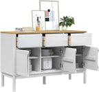 White Solid Pine Wood Sideboard with Drawers and Doors, Modern Engineered Wood Medium Storage Cabinet for Dining Room Living Room Hallway, Spacious Design and Durable