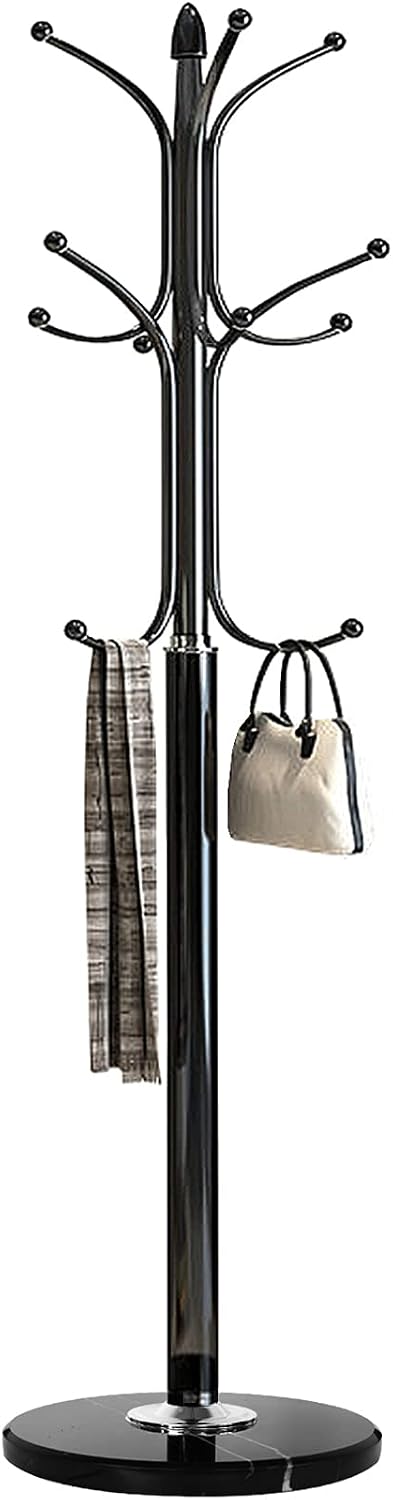 Kertnic Freestanding Coat Rack Stand, Heavy Duty Metal Hall Tree with 12 Hooks, 70 Inch Tall Stable Coat Hanger with 14.6" Natural Marble Base, Entryway Organizer for Coats Bags Hats Purses (Black)