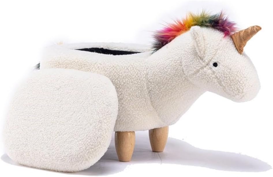 Pemberly Row Unicorn Fabric Storage Ottoman/Stool, White/Natural Finish, 15.75" H x 14.17" W x 28.74" D, Upholstered Kids Bedroom or Playroom Furniture with Cute Animal Theme and Interior Storage