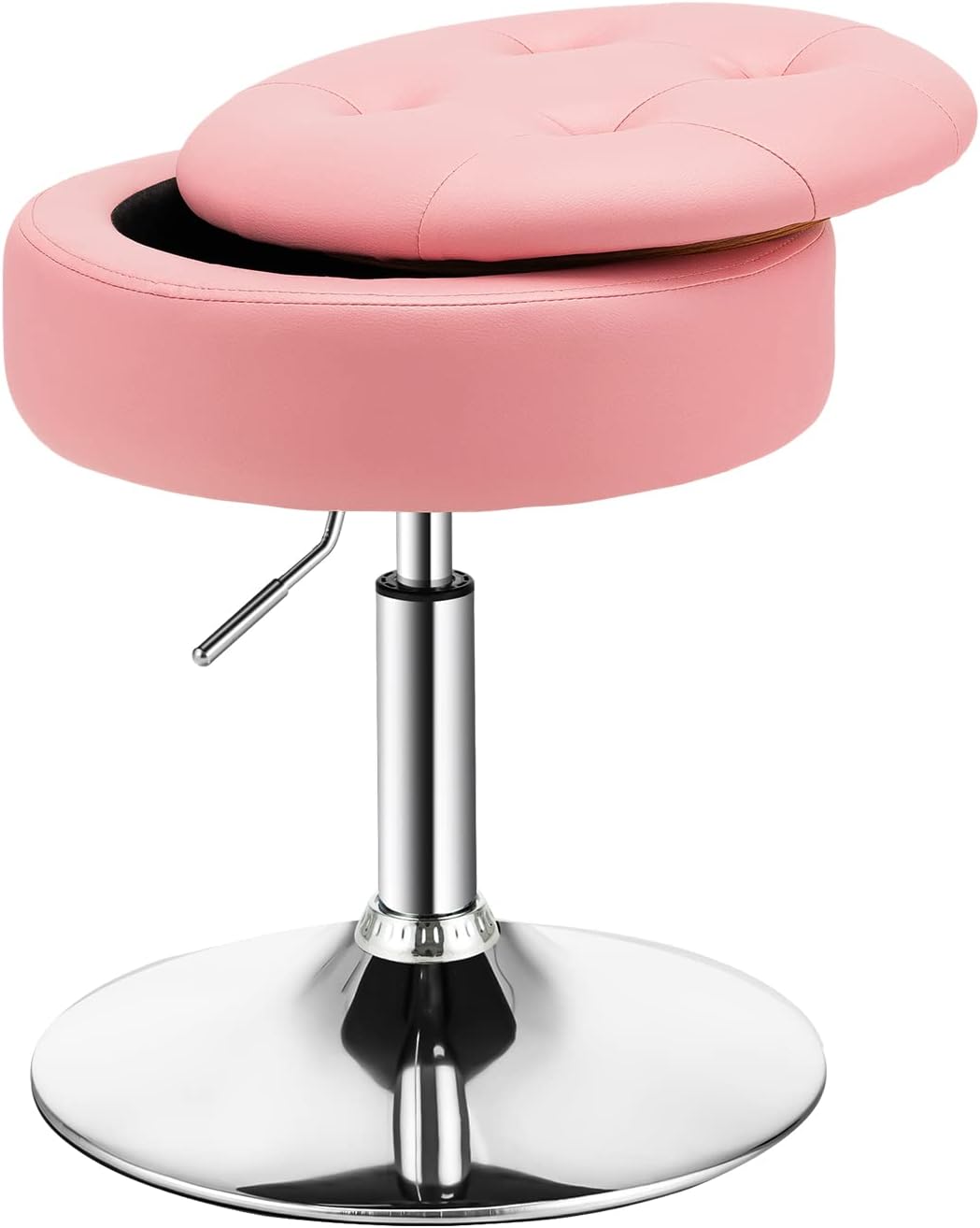 COSTWAY Counter Height Bar Stool, Tufted PU Leather 20"-26" H Adjustable Swivel Vanity Chair with Removable Tray Top and Storage Space, Modern Round Ottoman for Makeup Kitchen Island Shop, Pink
