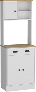 Kitchen Pantry 67" H, Two Cabinets, Three Doors, Two Open Shelves, One Drawer, Microwave Storage Option, White, Macadamia,23.62 * 13.78 * 66.54