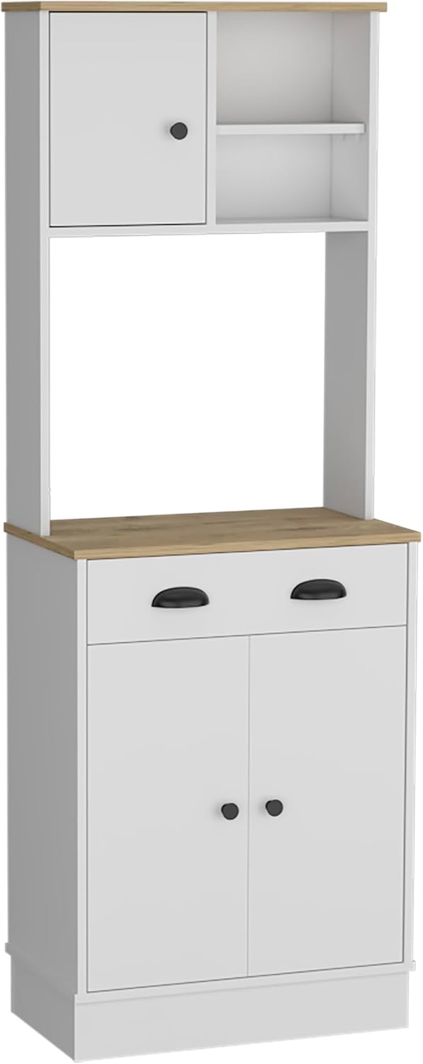 Kitchen Pantry 67" H, Two Cabinets, Three Doors, Two Open Shelves, One Drawer, Microwave Storage Option, White, Macadamia,23.62 * 13.78 * 66.54