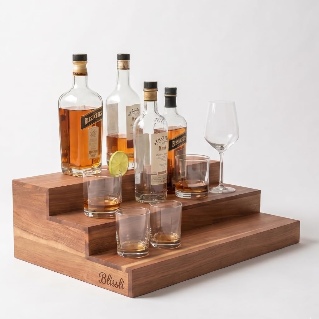 Premium Real Acacia Wood 3-Tier Liquor Bottle Display Shelf | No Assembly, Water Resistant, Extra Deep Steps, Bar Stand for Whiskey, Wine