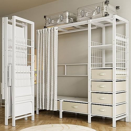 Heavy-Duty Clothes Rack Wardrobe with Curtain Large Walk-in Closet for Bedroom 4 Open Shelves & 6 Drawers Stylish White -Saving Design (168x50x170cm)