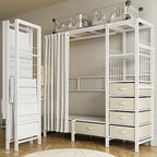 Heavy-Duty Clothes Rack Wardrobe with Curtain Large Walk-in Closet for Bedroom 4 Open Shelves & 6 Drawers Stylish White -Saving Design (168x50x170cm)
