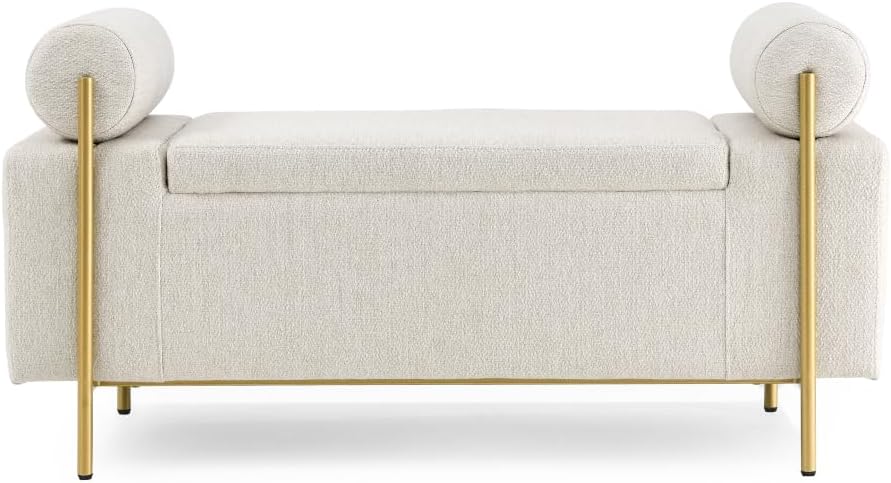 Elegant Upholstered Linen Storage Bench with Cylindrical Arms and Iron Legs for Hallway Living Room Bedroom, Beige