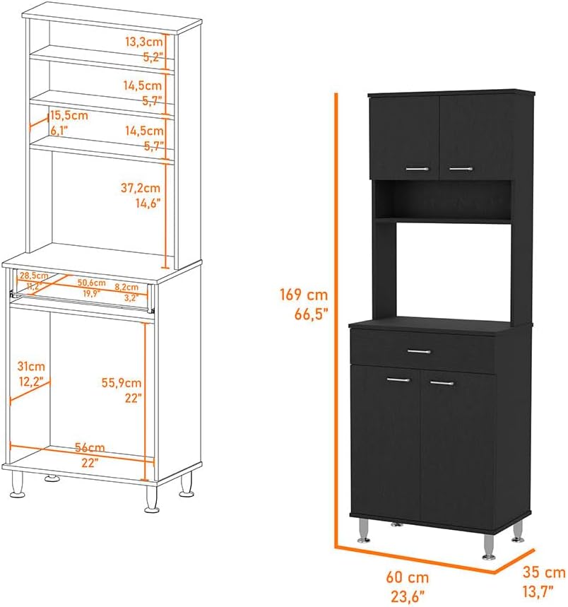 23.6" D*13.7" W*66.5" H Freestanding Kitchen Pantry with Dawer & 2 Shelves, 2 Double Doors, Rectangular Storage Cabinet, Traditional, for Living Room, Dining Room, Black