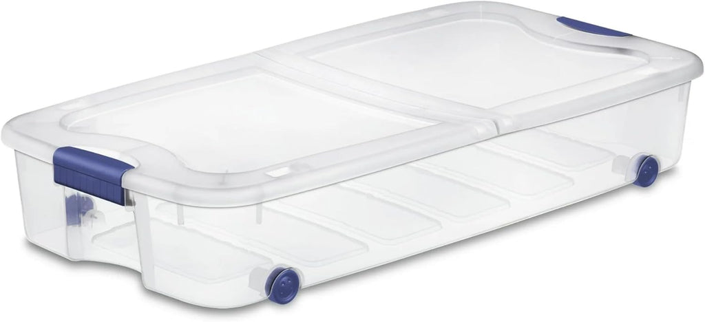 Blue 66-Quart Clear Underbed Storage Bin with Wheels and Latch Lid - Rolling Container for Gift Wrapping Station, Kids Room & Guest Bedding