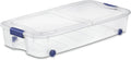 Blue 66-Quart Clear Underbed Storage Bin with Wheels and Latch Lid - Rolling Container for Gift Wrapping Station, Kids Room & Guest Bedding