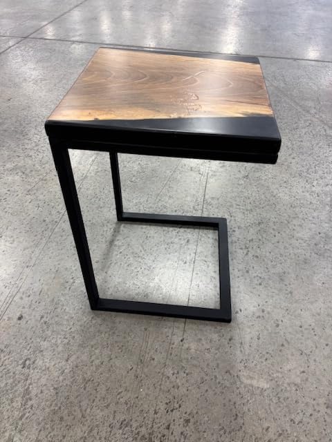Handcrafted Walnut and Black Epoxy C-Table, Live-Edge Solid Walnut Top, Steel Base, 18x12x25 Inch, Industrial Style