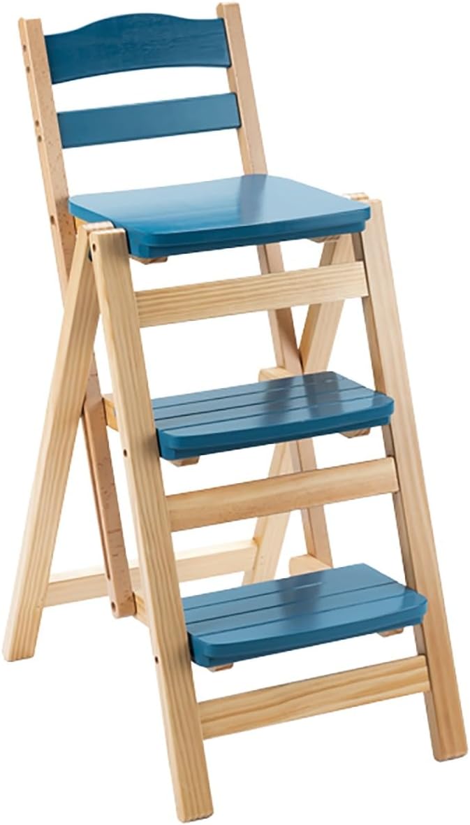 Solid Wood Folding Bar Stool Height Foldable Stool Tall Stool 3 Step Multifunction Indoor Ladder Stool Portable Foldable Stool Step Stool for Household Kitchen Bathroom Storage Shelf(Blue)