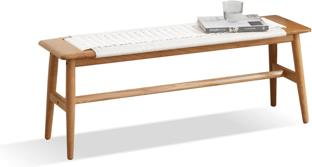 Natural Solid Oak Wood Multipurpose Bench, Minimalist Armless Dining Table Bench Seat, Heavy Duty Indoor Accent Bench for Bedroom, Dining Room, Entryway & Bathroom (White)