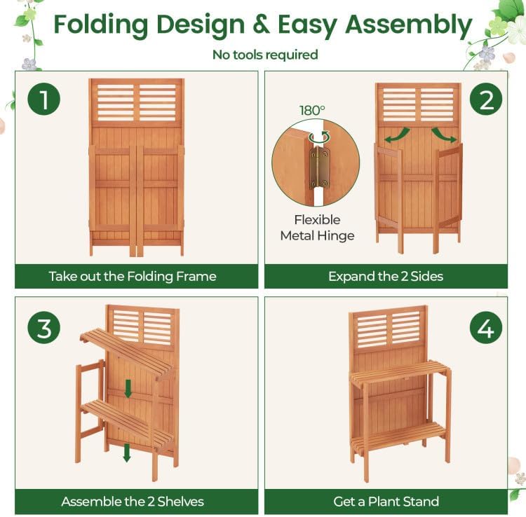 Foldable Wood Potting Bench 2-Tier Storage Shelves Teak Oil Finish Garden Balcony Yard Deck