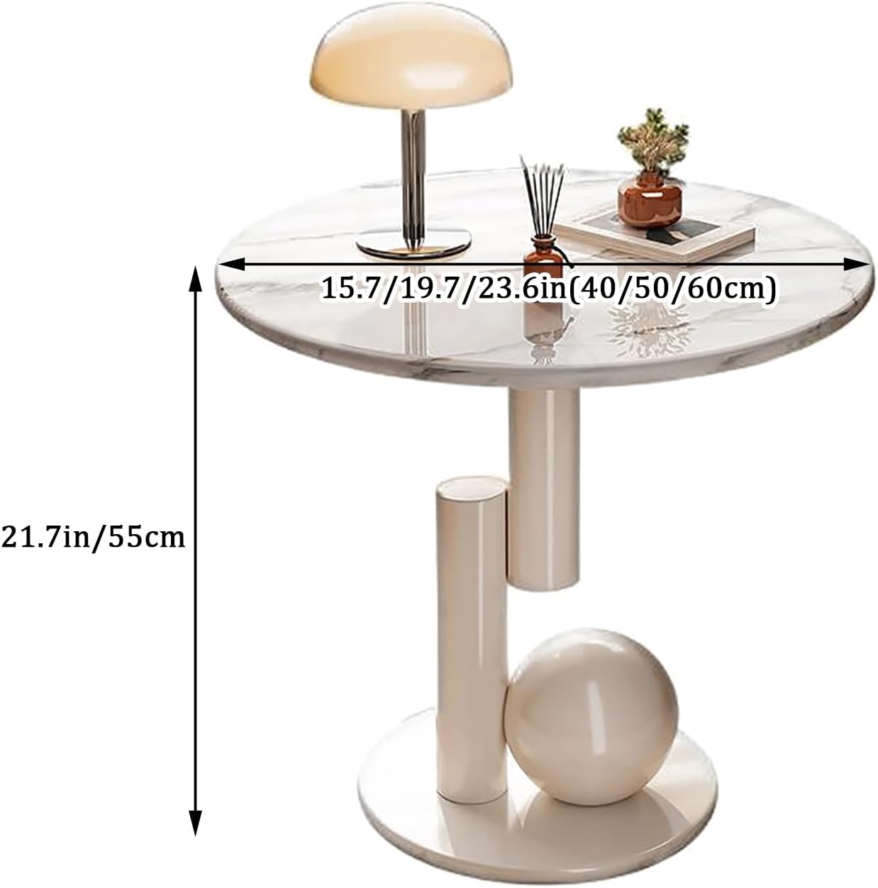 Creative Metal End Table, Living Room Coffee Table with Marble Tabletop, Modern Geometric Decorative Table for Sofa Bedroom Apartment Reception Area Hotel(Width 23.6in/60cm, Black-White Base)