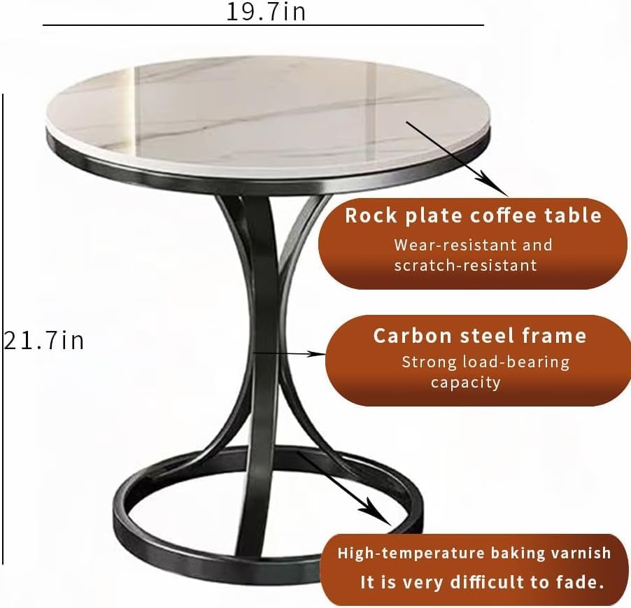 Beautyverve Rock Plate Coffee Tables for Living Room, Modern Small Round Side Table with Marble Top, Outdoor End Table for Patio Bedroom Room, Corner Desk (Snow Mountain White, 19.7 inch, Black)