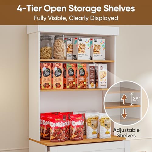 ivaniti 71" Farmhouse Kitchen Pantry Cabinet, White Freestanding Storage Hutch with Glass Doors, Drawers & Countertop, Microwave Stand & Coffee Bar, Adjustable Shelves, Set of 2