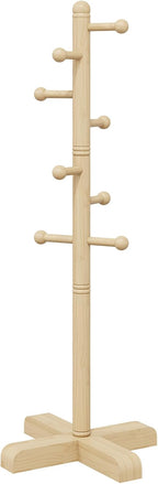 8-Hook Freestanding Wooden Coat Rack 2 Adjustable Heights Nature | Suitable for Bedroom Hallway Entrance Office,Holds Hats Handbags Purses Neatly,Space-Efficient Vertical Stand