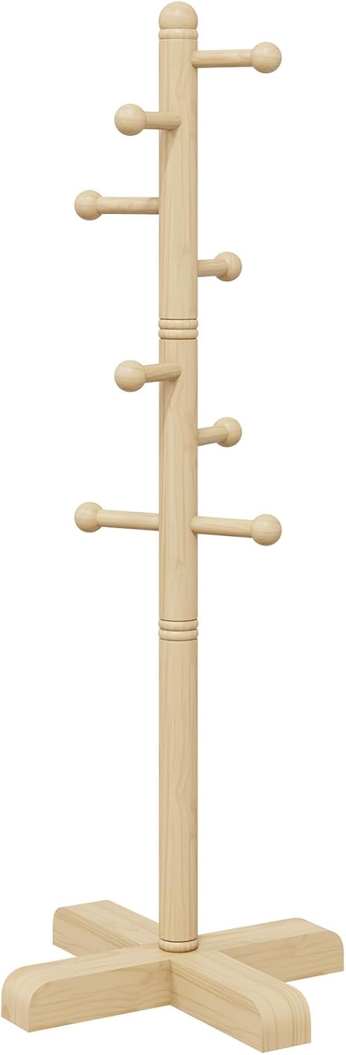 8-Hook Freestanding Wooden Coat Rack 2 Adjustable Heights Nature | Suitable for Bedroom Hallway Entrance Office,Holds Hats Handbags Purses Neatly,Space-Efficient Vertical Stand