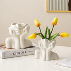 Large Ceramic Face Vase, White Flower Vases for Decor Female Form Head Half Body Vase Boho Unique Decorative Modern Style for Home Living Room Office Book Shelf (Large)